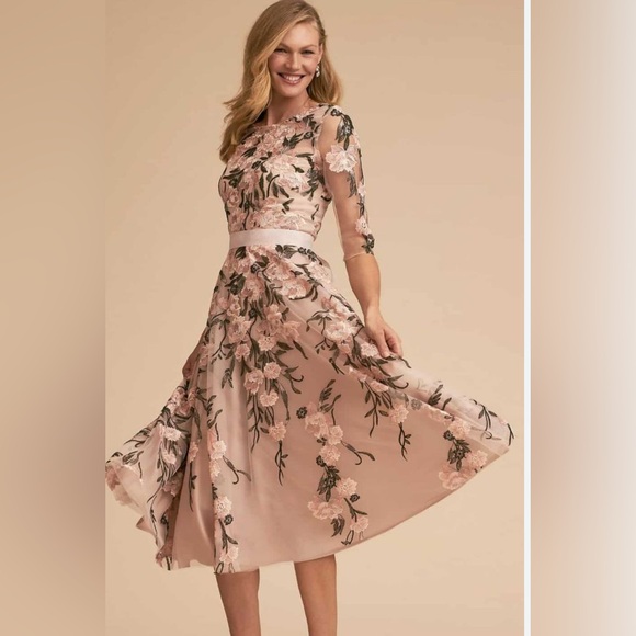 Embroidered Garden Party Outdoor Wedding Bridesmaid Floral Midi Tea Length Dress - Picture 1 of 16